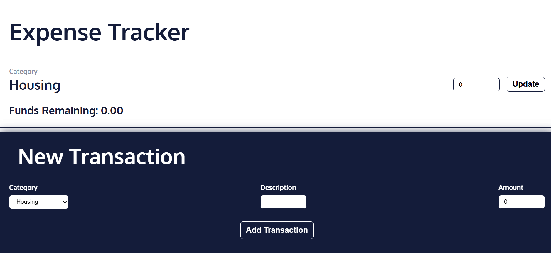 Screenshot of Expense tracker web app